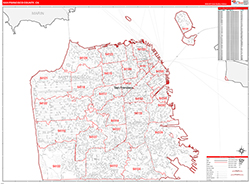 San FranciscoCounty, CA Wall Map Zip Code Red Line Style 2026